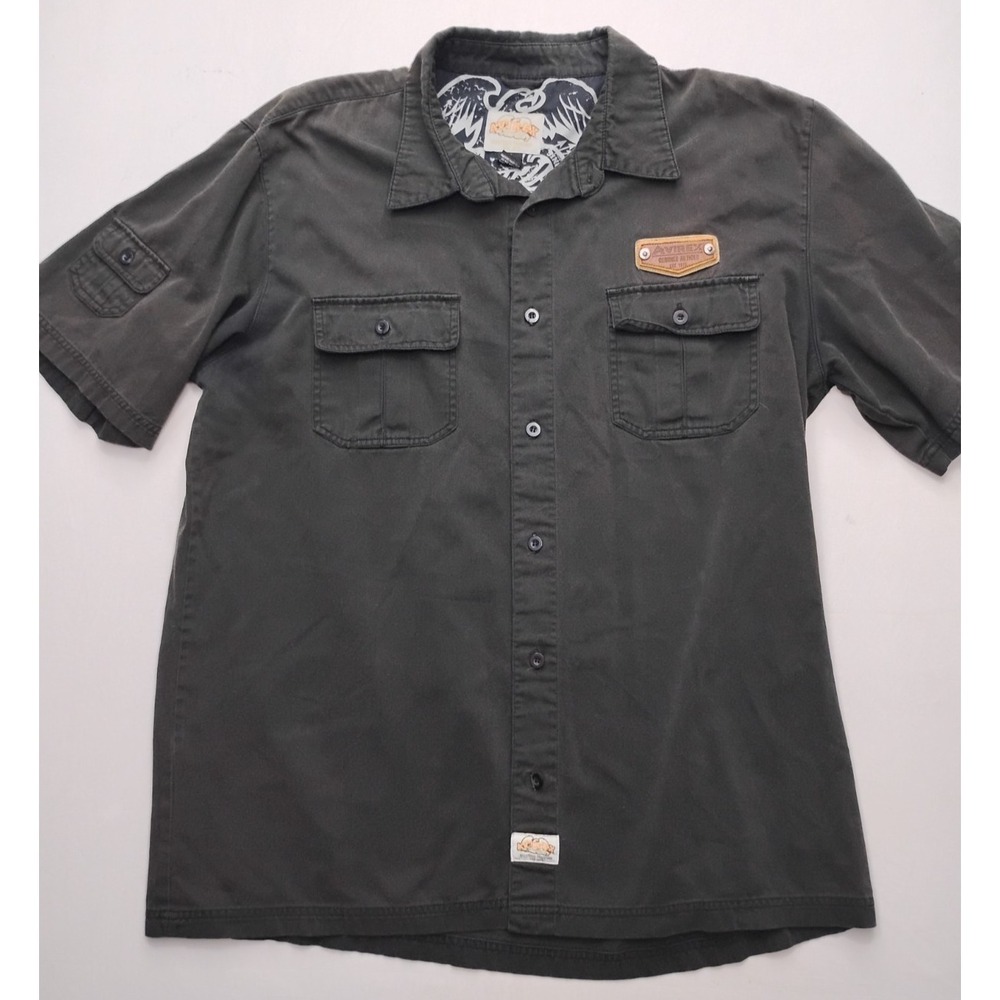 Avirex Button Front Mens Shirt Black Grunge y2k size XL Short Sleeve